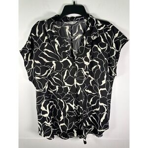 Nine West Blouse Womens XL Black White Floral Short Sleeve Button Front Top